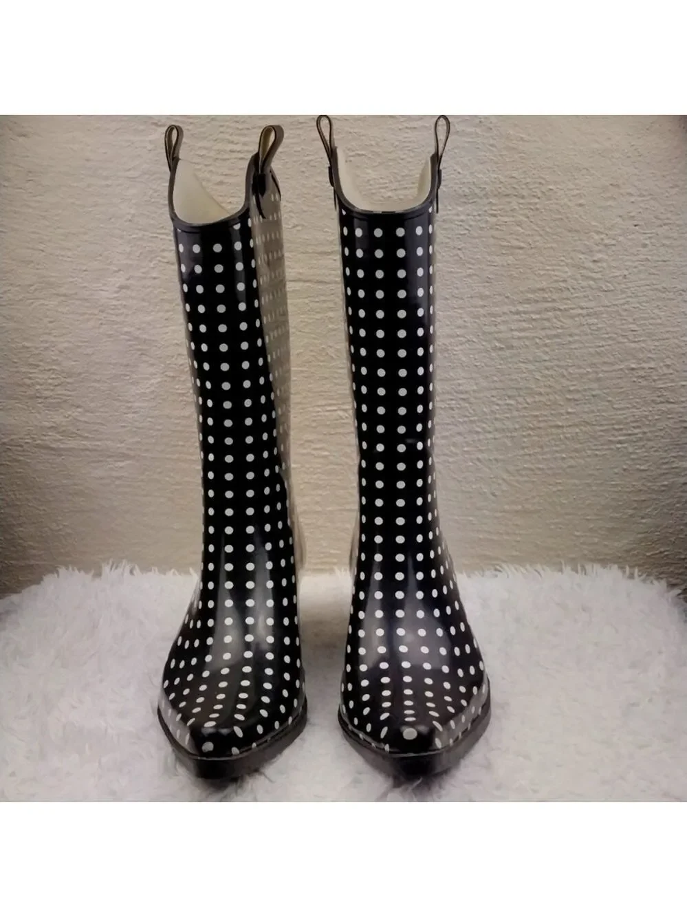 Bit & Bridle Black White Polka Dot Pointed Toe Heeled Western Style Rain Boot